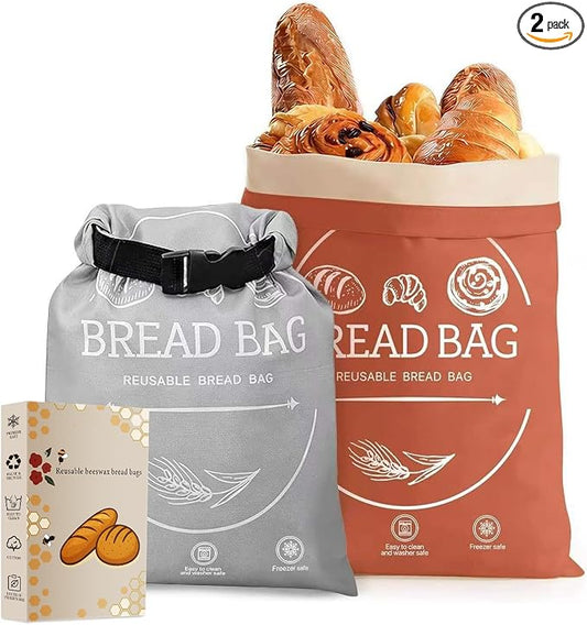 2 Pack Bread Bags for Homemade Loaf (17" x 13") - XL Reusable Sourdough Keeper to Keep Fresh, Pure Cotton Beeswax Lining, Food Storage Bag with Instructions on Gift Box (Orange&Grey)
