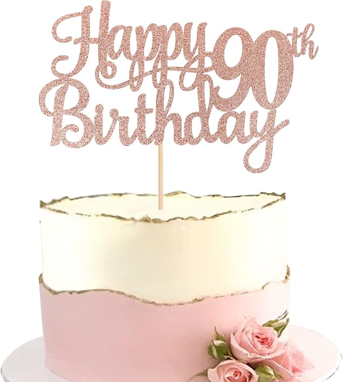1 PCS Happy 90th Birthday Cake Topper Glitter Cheers to 90 Years Birthday Cake Pick 90 Fabulous Cake Decoration for Happy 90th Birthday Theme Party Decorations Supplies Rose Gold