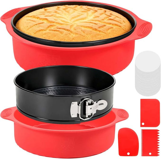 MASSUGAR 9 Inch Springform Pan, Nonstick Cheesecake Pan with Silicone Protector, 50 Pcs Parchment Paper Liners & 3 Cake Scrapers, No Leaks in Water Bath, Leakproof Round Cake Pan with Removable Bottom