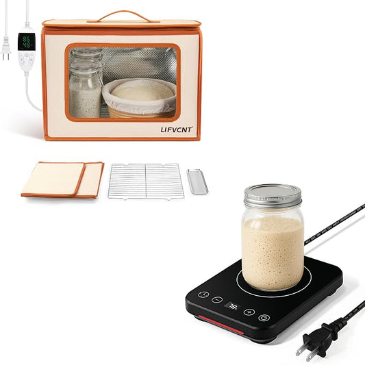 Bread Proofing Set – Folding Dough Proofer (68–131°F, 99H Timer, Metal Rack & Water Tray) + Sourdough Starter Warmer (70–100°F, Auto On/Off, 1–12H Timer) for Bread, Pizza, Kombucha, Yogurt & F