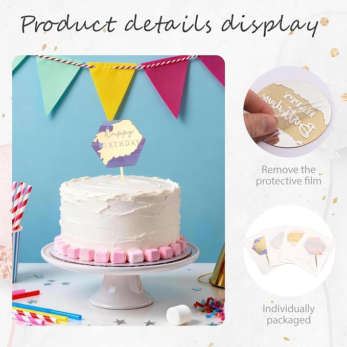 Wootkey 8Pcs Acrylic Happy Birthday Cake Toppers Engraved Happy Birthday Sign for Cake DIY Birthday Gift Flower Bouquet Pastries Desserts Decor