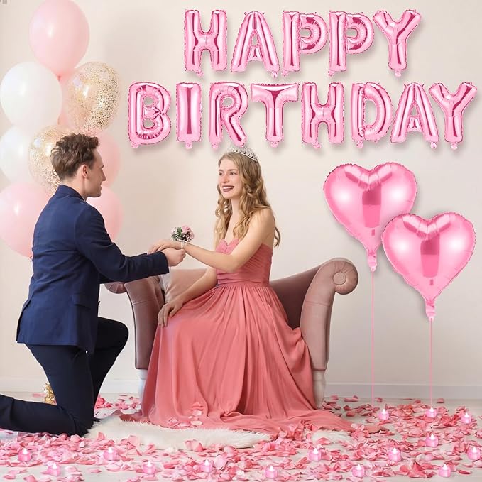 Pink Happy Birthday Balloons Decorations Happy Birthday Letter Balloons Banner Set with 24pcs Heart Flameless LED Candles and 2000pcs Artificial Rose Petals for Women Men Room Party Decor