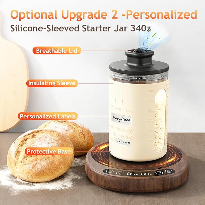 SourKeeper, Larger 2-in-1 Sourdough Starter Warmer Pro - 2026 Upgrade Larger Heating Plate, Dough Temp Probe, 1°F Control (70–110°F), 24H Timer, Real-Time Monitoring Walnut,6.5inch