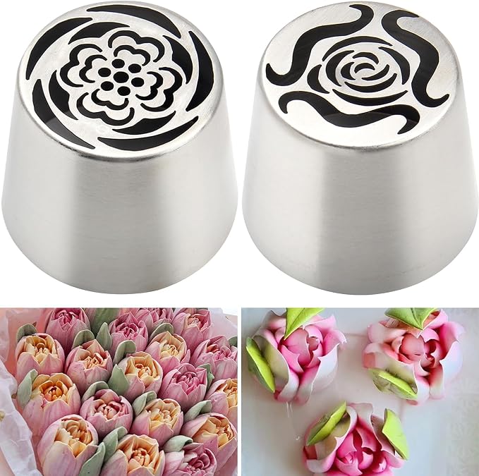 2pack Russian Piping Flower Nozzles Extra Large, Stainless Steel Rose Floral Piping Nozzles for Cake Decorating Icing, Cream Flower Bouquet DIY Cookies, Desserts Baking Tools (XXL,A）