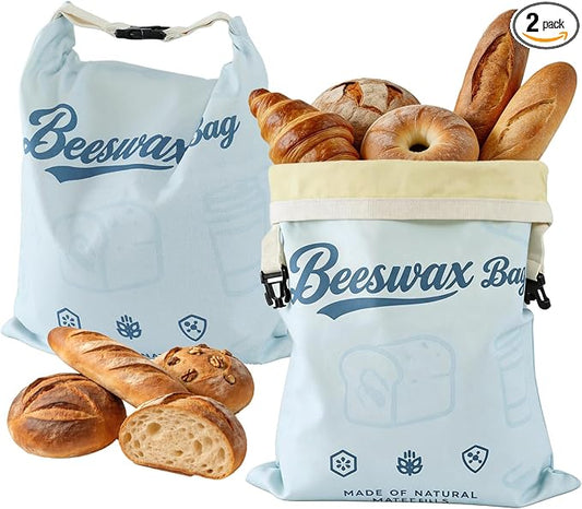 2 Pack Blue Beeswax Bread Bags for Sourdough, Reusable Organic Linen Beeswax Bread Bag 17 x 12.6 Inches, Food Storage Drawstring Cloth Bag, Freezer-Friendly Freshness Preservation for Homemade Baking