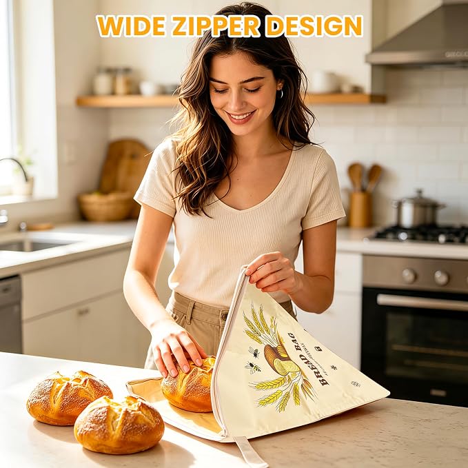 2 Pack Wide Zipper Access Beeswax Bread Bags for Sourdough Bread, Reusable Organic Linen Beeswax Bread Bag for Homemade Sourdough for Homemade Bag to Keep Fresh Longer, Kitchen Storage (Oatmeal)
