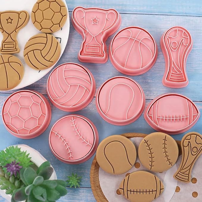 8 Pcs Sports Ball Cookie Cookie Stamps with Plunger Cutters Set 3D Cartoon Cute Soccer Basketball Biscuit Cutter Cookie Stamps for Party Baking Decorating Fondant Muffins Cheese Candy
