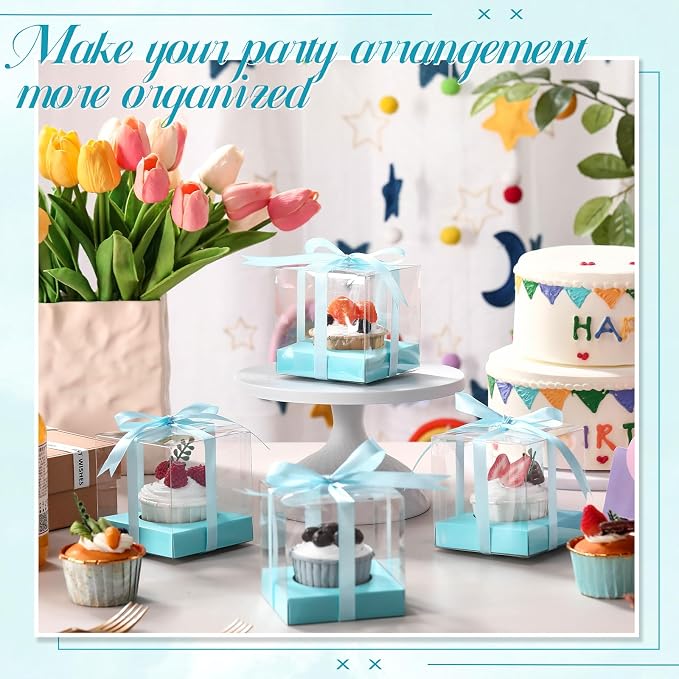 Thenshop 50 Pcs Clear Cupcake Boxes Individual 3.5 Inch Plastic Single Cupcake Containers Boxes with Inserts and Ribbon Individual Cake Storage Holders for Cake Kitchen(Light Blue)