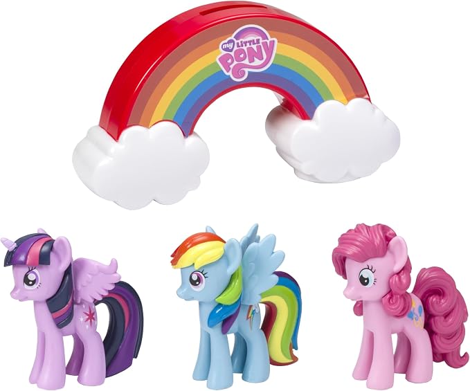 DecoSet® My Little Pony™ Over The Rainbow Signature Cake Topper, 4 Piece Decoration, Dash, Pinkie Pie, and Twilight Sparkle, Coin Bank, Collectable Figurines For Birthday