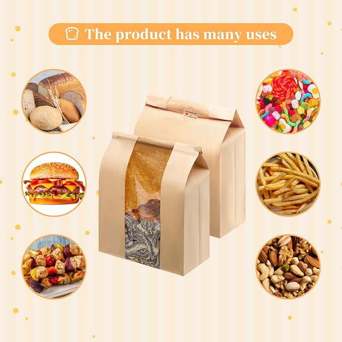 180 Pack Large Kraft Paper Bread Loaf Bag with Tin Tie Tab Lock ，for Homemade Bread Loaf Bags 14" x 8.3" x 3.5"，Sourdough Bread Bags with Clear Front Window for Baked Food Packaging Storage. (180) | 180 Pack Bread Bags