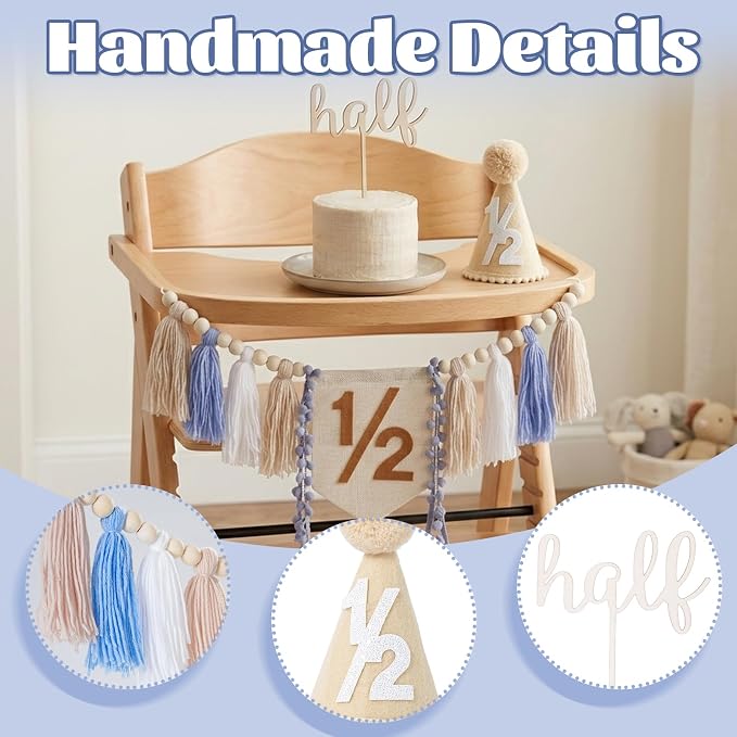 CWK Half Birthday Decorations for Baby, 1/2 Birthday High Chair Banner with Cone Hat & Cake Topper, Half Way to One Party Kit, Photo Props for 6 Month Baby Birthday(Blue)