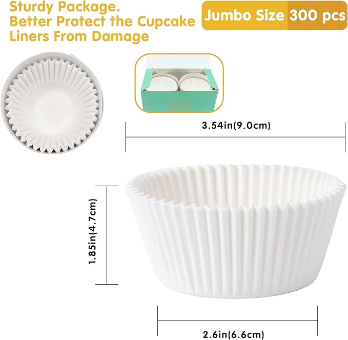 Jumbo Cupcake Liners 300 pcs White Muffin Liners No Smell,Food&Grade,Greaseproof Paper Baking Cups, Cupcake Wrappers For Party,Christmas by GoldenBakeryFamily