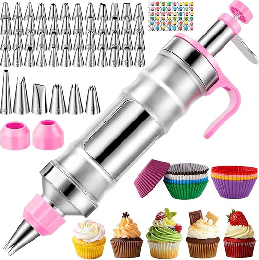 Cake Decorating Tools Supplies Kit: 164pcs Baking Accessories, Dessert Piping Syringe and Icing Tips Set - Puffs Cupcake Frosting Piping Bakery Set for Adults Beginners or Professional, Pink