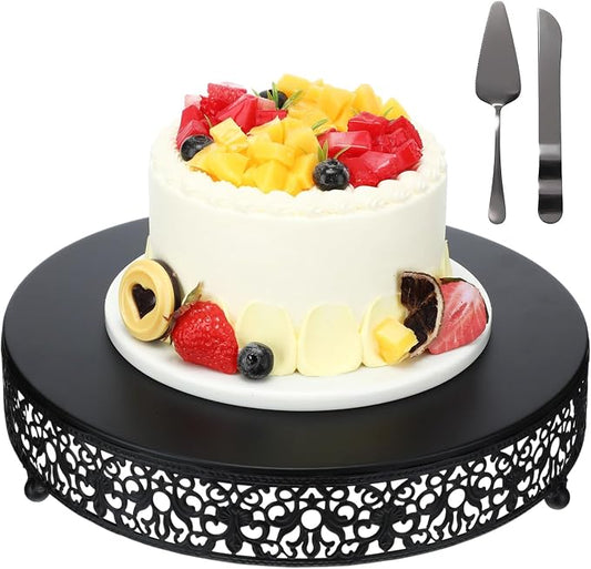 Wenqik 12 Inch Black Cake Stand Set Metal Round Cupcake Dessert Stand with Cake Cutting, Spatula Wedding Cupcake Pastry Display Candy Holder Display for Wedding Party Birthday Baby Shower(Classic)