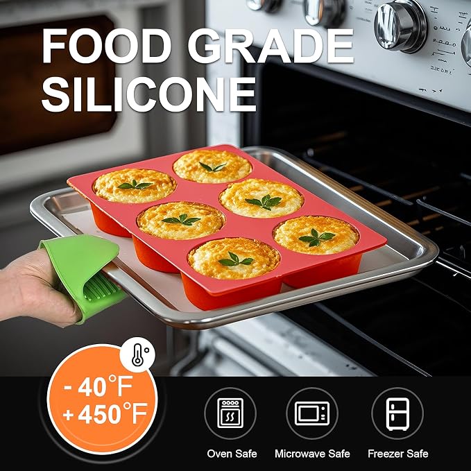 Silicone Egg Bite Molds, 2 Pack Frittata Pan, Deep 3 Inch Dash Cups, Sous Vide Round Rolls Molds for Breakfast Sandwiches, Omelets, Dinner Rolls, Baking - Red