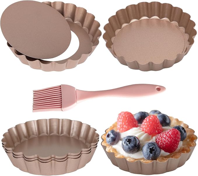 Tart Pan with Removable Bottom, Quiche Pans Carbon Steel Tart Mold for Baking (4-Inch Rose Gold-6PCS)