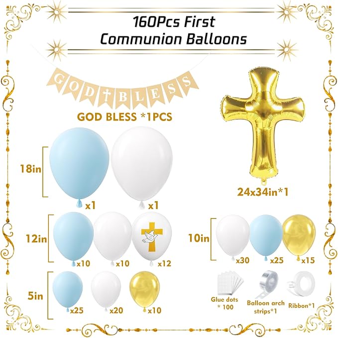 First Communion Blue Balloons Arch Kit 160Pcs, Baptism God Bless Balloon Garland Arch Mi Bautizo Christian Decor Cross Balloon for First Holy Communion Baptism Baby Shower Birthday Supplies