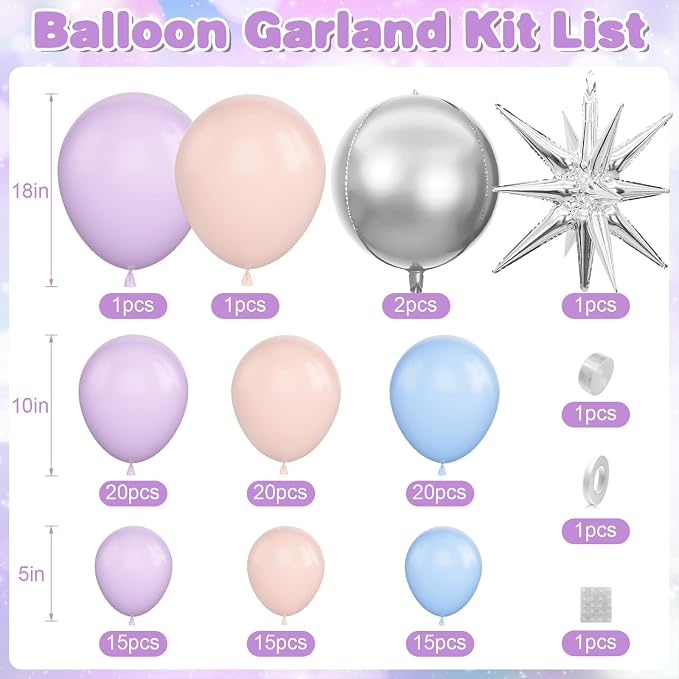 Pastel Balloon Arch Garland Kit with Macaron Blue Purple Orange Balloons Silver Star Foil Balloon for Birthday Baby Shower Wedding Party Decorations