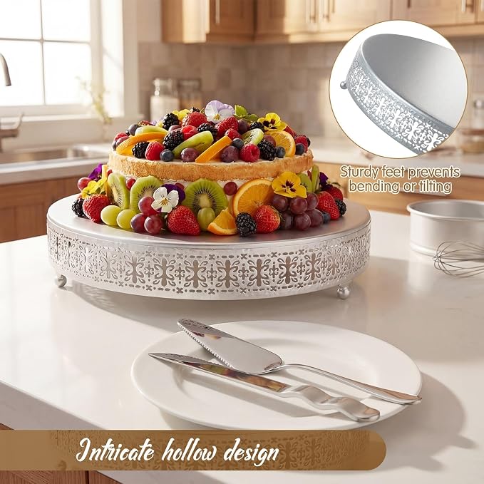 Wenqik Silver Cake Stand 14 Inch Metal Round Cupcake Dessert Wedding Cake Stand with Cutting & Spatula Cookies Display Holder Fruit Serving Tray for Table Wedding Birthday Anniversary Party