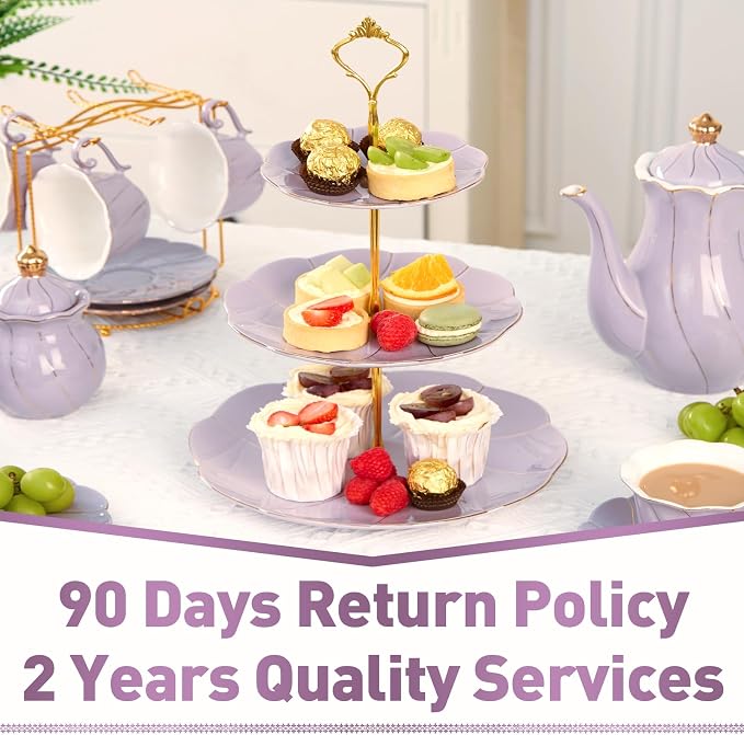 DUJUST Luxury Larger 3-Tier Cupcake Stand Tower, British Style Porcelain Serving Tray with Golden Trim, Food Grade Dessert Display Stand for Tea Party & Home Décor - 45% Purple Larger Plates