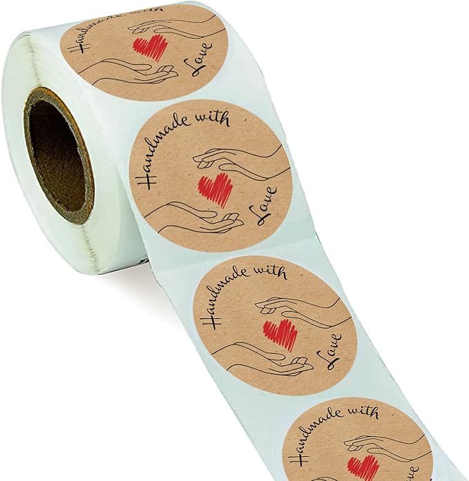 Handmade with Love Stickers Roll | 500 Count | 1.5 Inch | Adhesive Label | Baked with Love | Handmade with Love | Made with Love | Candle Packaging Labels | Homemade Soap | Jar Stickers