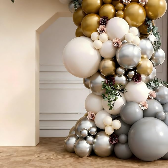 Silver Grey Balloon Garland Arch Kit 143Pcs Sand White Grey Metallic Silver Gold Latex Balloons for Bridal Shower Anniversary Engagement Wedding Birthday Party Decorations