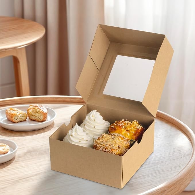 Jotique Cupcake Boxes with Window, 20 Sets 6x6x3 Inch Kraft Paper Bakery Boxes for Cookies and Muffins, Sturdy Disposable Treat Boxes for Individual Pastry, Baked Goods, Gift Giving, Mother's Day