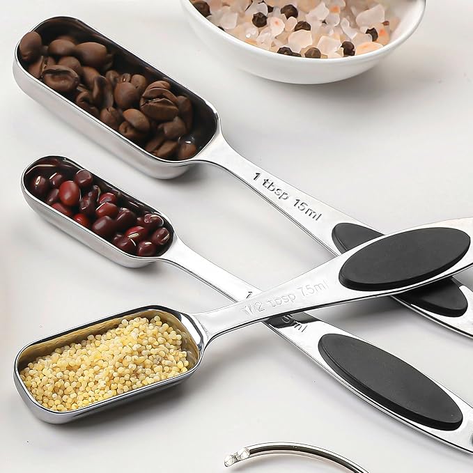 Magnetic Measuring Spoons Set Includes 7 Stainless Steel Magnetic Measuring Spoons,Nesting Measuring Spoon Teaspoon with Leveler for Dry or Liquid Ingredients (8, Black)