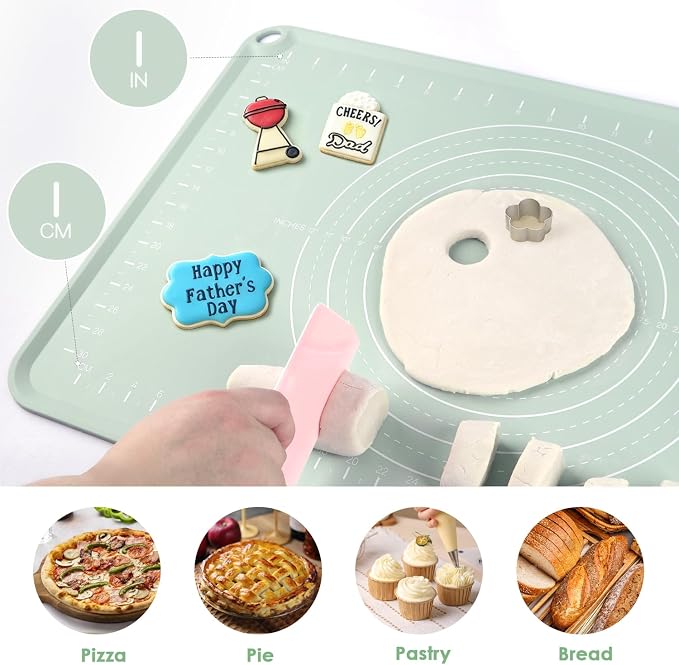 Silicone Pastry Mat, Non Slip Dough Mat with Measurements and Raised Edges, Food Grade Silicone Countertop Baking Mat for Rolling Dough, Kneading Bread, Cookies, Pizza, Pie Crust