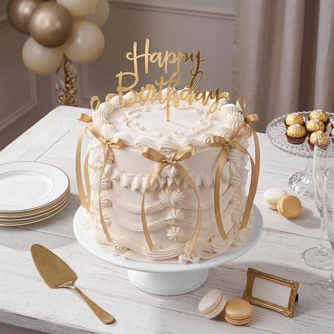 Honeydak 11 Pcs Gold Bow Ribbon Cake Topper Happy Birthday Cake Topper Happy Birthday Acrylic Sign Decoration Coquette Bow Decor Wedding, Bridal Shower Party Supplies