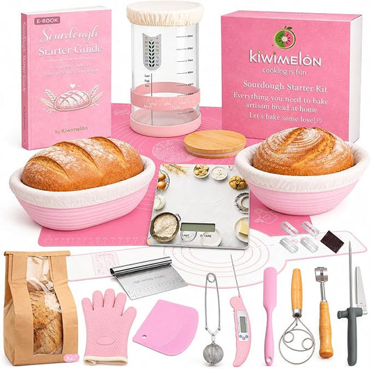 Sourdough Starter Kit for Beginners – 46-Pc Pink Sourdough Bread Making Kit with Silicone Banneton Proofing Basket, Sourdough Starter Jar, Digital Scale, Bread Lame & Sourdough Tools – Gift