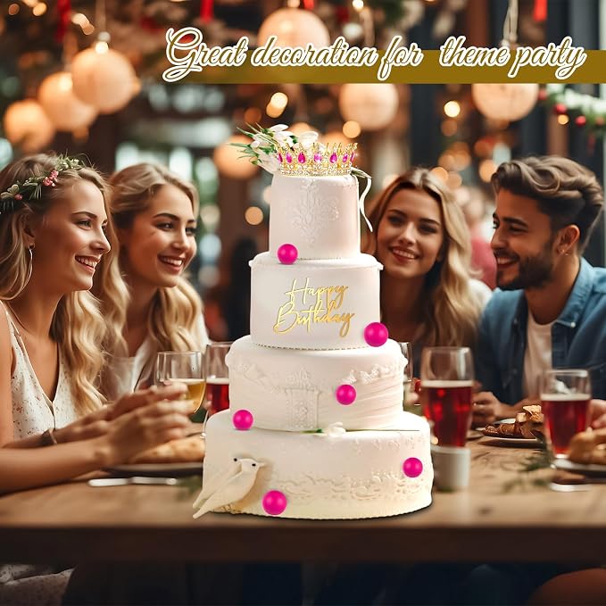 8 Pcs Rose Red and Gold Queen Crown Cake Topper for Women, Happy Birthday Cake Toppers Foam Balls Rhinestone Crystal Tiara Wedding Decoration for Princess Party Photo Props