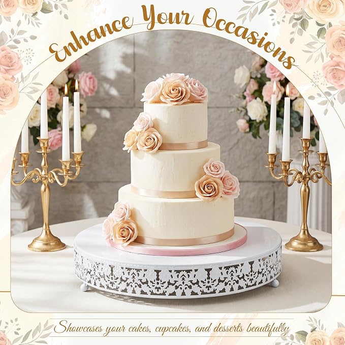Wenqik 14 Inch White Cake Stand Set Metal Round Cupcake Dessert Stand with Cake Cutting, Flower Spatula Wedding Cupcake Pastry Display Candy Holder Display for Wedding Party Birthday Baby Shower