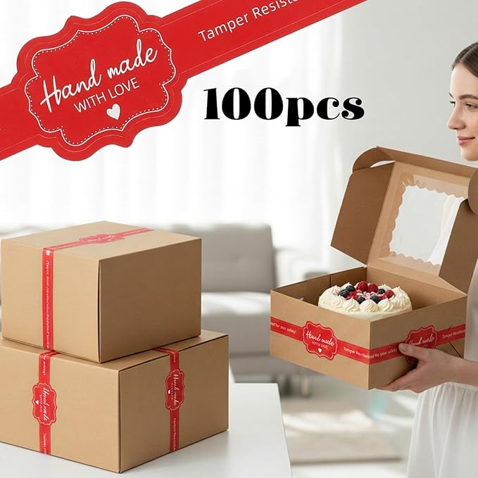 100Pcs Food Tamper Seal Sticker for Package Food Retail Package Seal Label | Food Retail Package Seal Stickers 8.8 x 1.3 Inch Tamper Evident Labels for Handmade Bakery Candy Artisan Crafts(Red)
