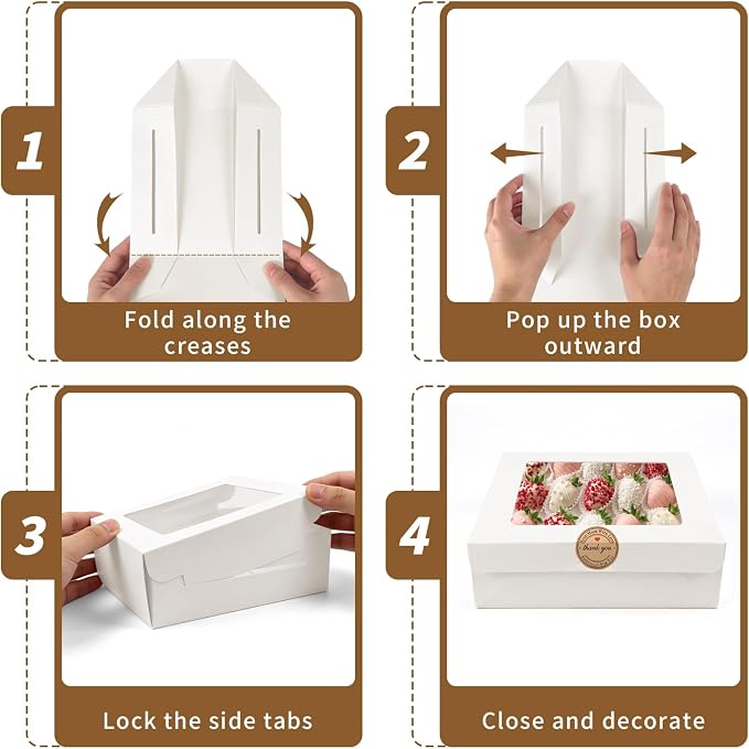 Homrelaxy 70 Pcs White Bakery Boxes with Window - 8x8x2.5 Inches Cardboard Cookies Boxes with Stickers for Macaroon, Pastries, Donuts, Cupcakes, Cookies and Chocolate Strawberries