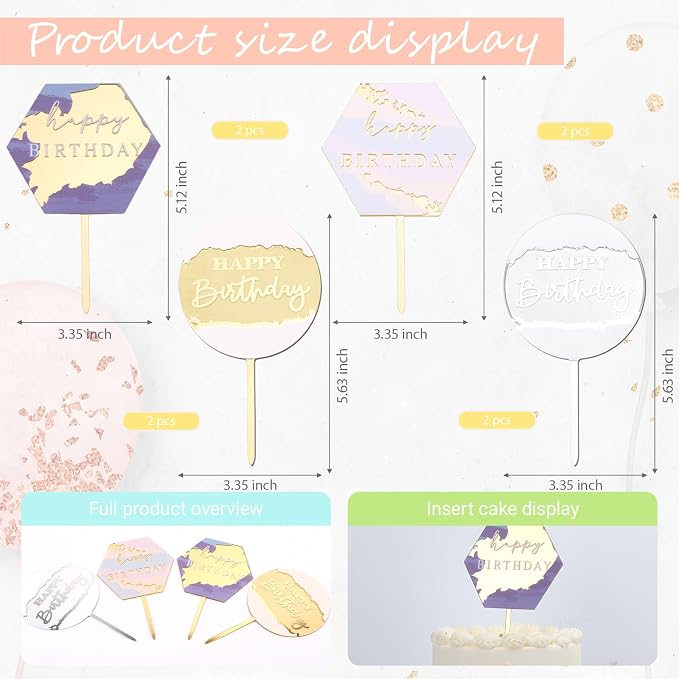 Wootkey 8Pcs Acrylic Happy Birthday Cake Toppers Engraved Happy Birthday Sign for Cake DIY Birthday Gift Flower Bouquet Pastries Desserts Decor