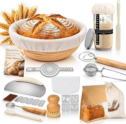 Sourdough Starter Kit with 9 Inch Round Banneton Proofing Basket & Starter Jar, Natural Rattan Bread Proofing Basket Set for Homemade Artisan Bread, Beginner Bread Making Supplies, Gift for Bakers