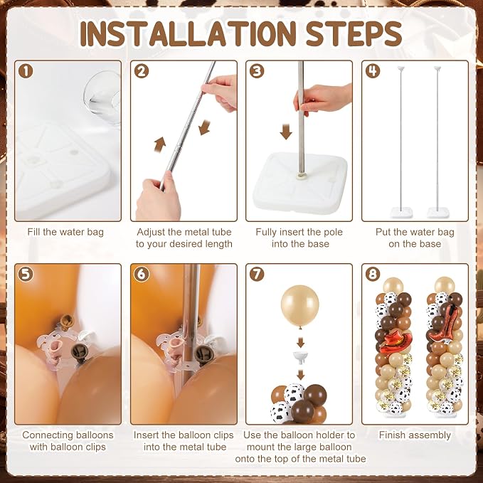 Skylety 2 Sets Western Balloon Column Stand Kit Cowboy Brown Cow Print Balloon Stand with Bases for My First Rodeo Birthday Wedding Baby Shower Decorations Supplies