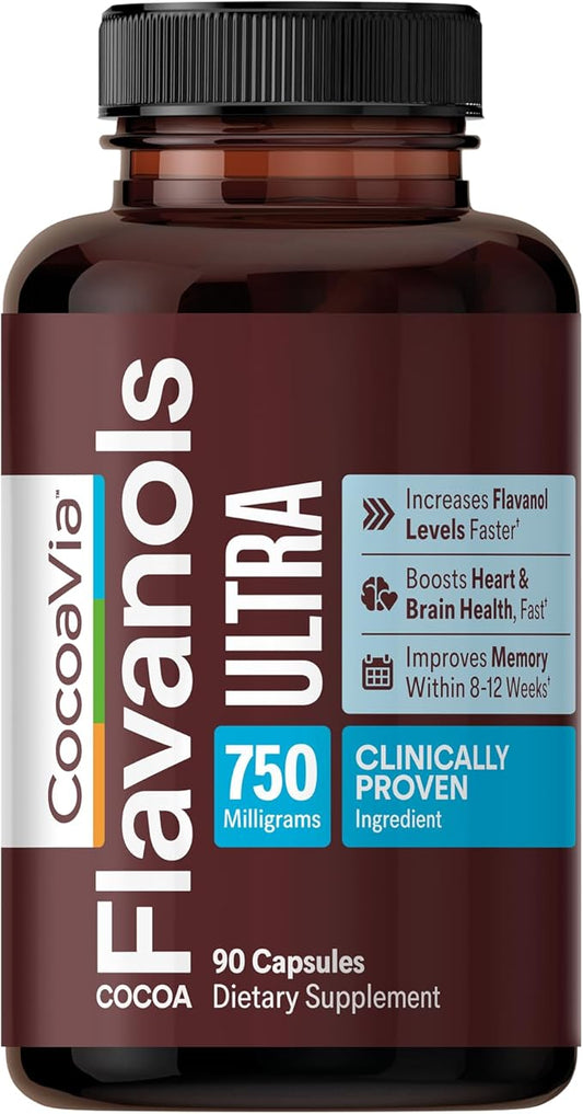 CocoaVia Ultra 750mg Cocoa Flavanols – Heart & Brain Support, Memory & Blood Circulation Booster, High Flavanol Cocoa for Nitric Oxide, Energy & Oxygen Boost, Vegan, Gluten-Free, 30-Day Supply