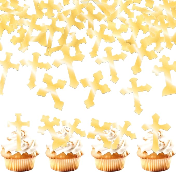 60 PCS Edible Cross Cupcake Toppers God Bless and Baptism Cupcake Toppers Edible Cross Cupcake Pick First Communion Cake Decorations for Religious Theme Baby Shower Birthday Party Supplies Retro Gold
