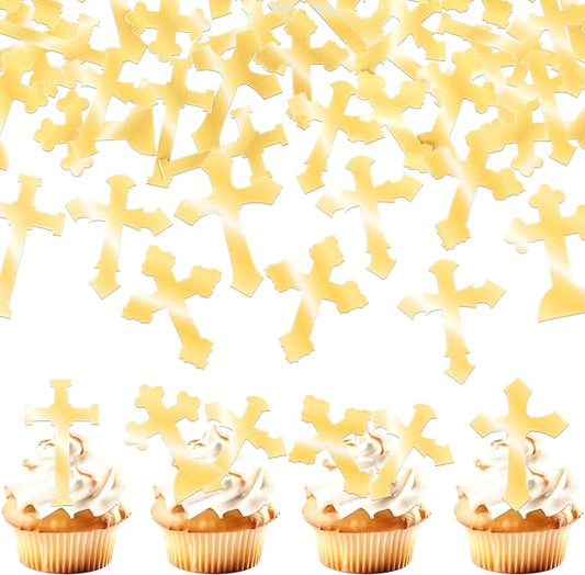 60 PCS Edible Cross Cupcake Toppers God Bless and Baptism Cupcake Toppers Edible Cross Cupcake Pick First Communion Cake Decorations for Religious Theme Baby Shower Birthday Party Supplies Retro Gold