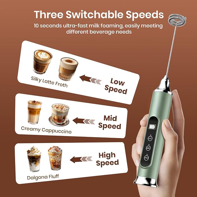 YUSWKO Milk Frother Wand for Coffee, Coffee Frother Handheld Drink Mixer | Rechargeable Mixer Wand, Waterproof Electric Whisk for Protein Powder, Lattes, Cappuccino, 3 Variable Speeds 3 Whisks,Granite