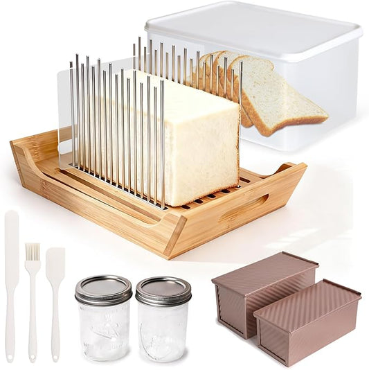 6 In 1 Homemade Bread Slicer With Bread Box For Homemade Bread，Adjustable 304 Stainless Steel Guide With Crumb Tray 2 Loaf Pan With Lid Mason Jars Basting Pastry Brush And Scraper Bread Loaf Slicer