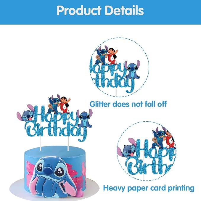 Blue Cake Topper, Glitter Happy Birthday Cake Decorations, Boys Girls Cute Cartoon Theme Party Supplies