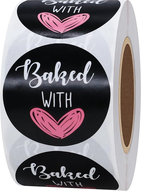 Hybsk Baked with Love Stickers for Bakeries Bake Sales Presents Seals Weddings Baby Showers Events Baking Stickers(1.5 inch)