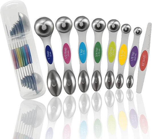Stainless Steel Magnetic Measuring Spoons Set of 8 with strong Magnets, Dual Sided Measuring Spoons, Kitchen Gadgets for Baking & Cooking, Spice Jars, Measuring Dry & Liquid, Multicolor