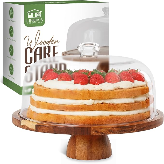 Linda’s Essentials Acacia Wood Cake Stand with Lid (Acrylic) 12 Inch Round Cake Holder Stand with 5 Bonus Cake Sheets, 2-in-1 Wooden Cake Stand with Dome & Charcuterie Board for Cheese, Cake Plate