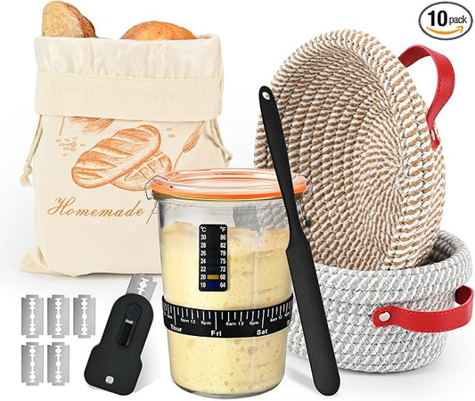 Sourdough Starter Kit, Bread Baking Supplies with Sourdough Jar 9" Round & 10" Oval Proofing Basket Magnetic Bread Lame Resuable Bread Bag, Breads Making Kit Sour dough Gifts for Bakers Women Wife Mom