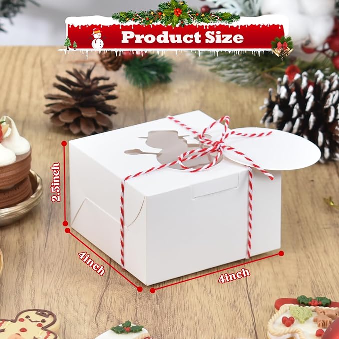 COTOPHER 30Pcs Christmas Cookie Boxes with Window, 4x4x2.5 inch White Bakery Boxes for Gift Giving, Mini Cake Boxes Holiday Pastries Boxes for Cakes Muffins Donuts Chocolate Strawberries