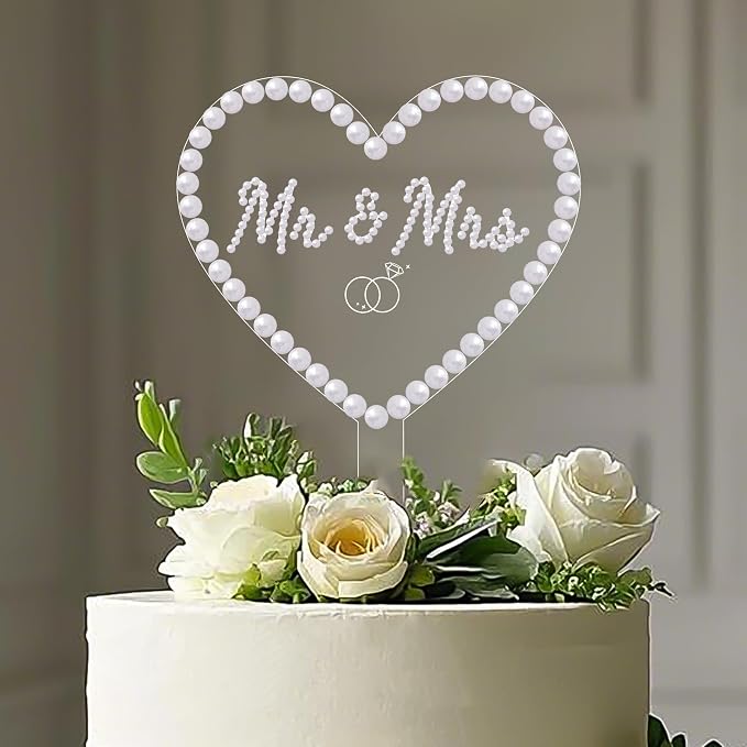 Coucoland Mr and Mrs Cake Topper - Heart Wedding Cake Decor with Elegant Mini Pearl Beads for Engagement Bridal Anniversary